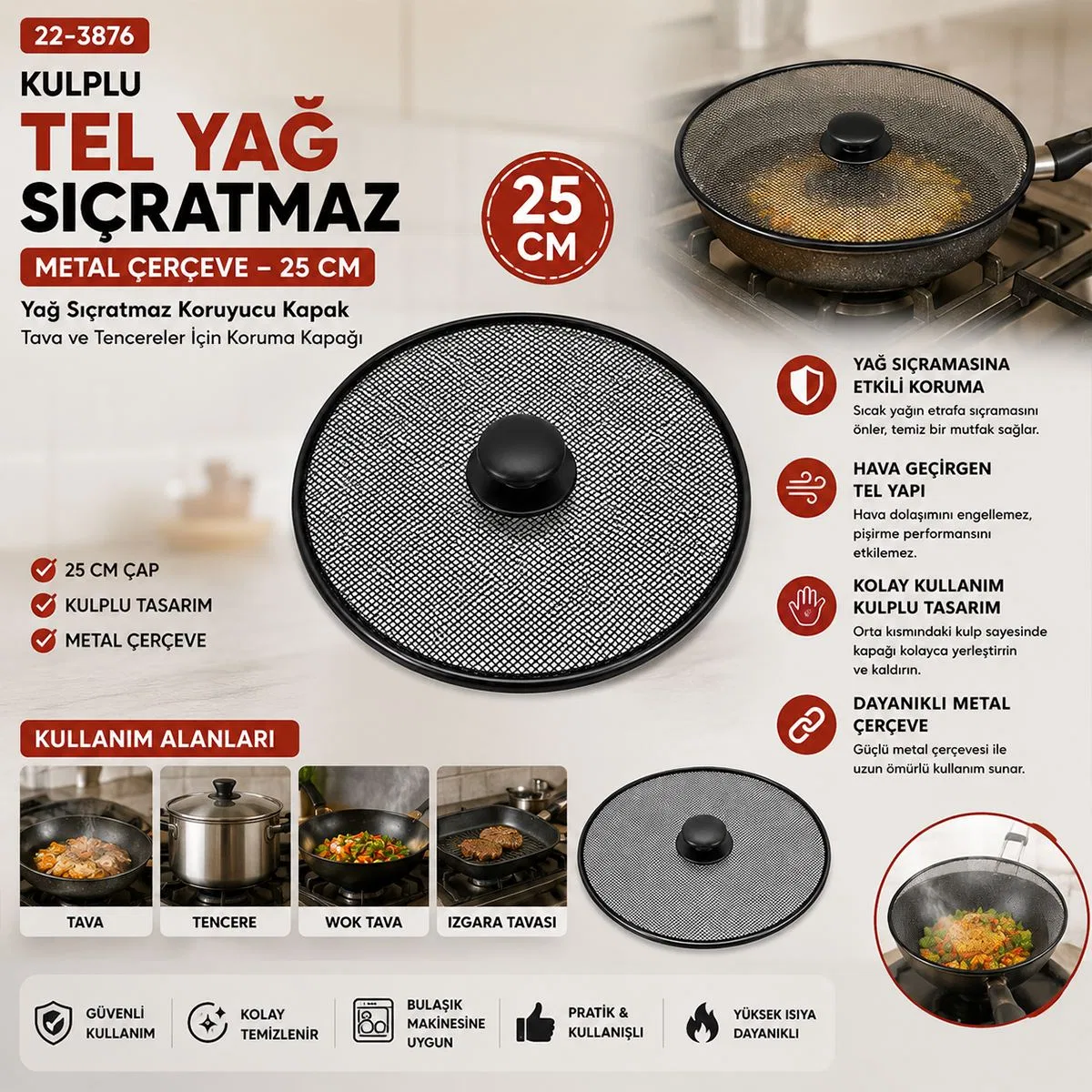 Yağ Sıçratmaz Tel Kapak Kulplu Metal Çerçeve 25 cm görsel 2