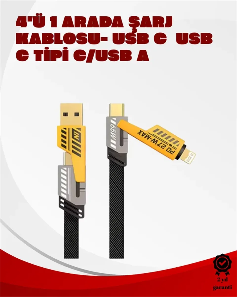 Dönüştürülebilir 4 Başlıklı Hızlı Şarj Kablosu – 1. 2m, 65W, Dayanıklı ve Esnek Tasarım