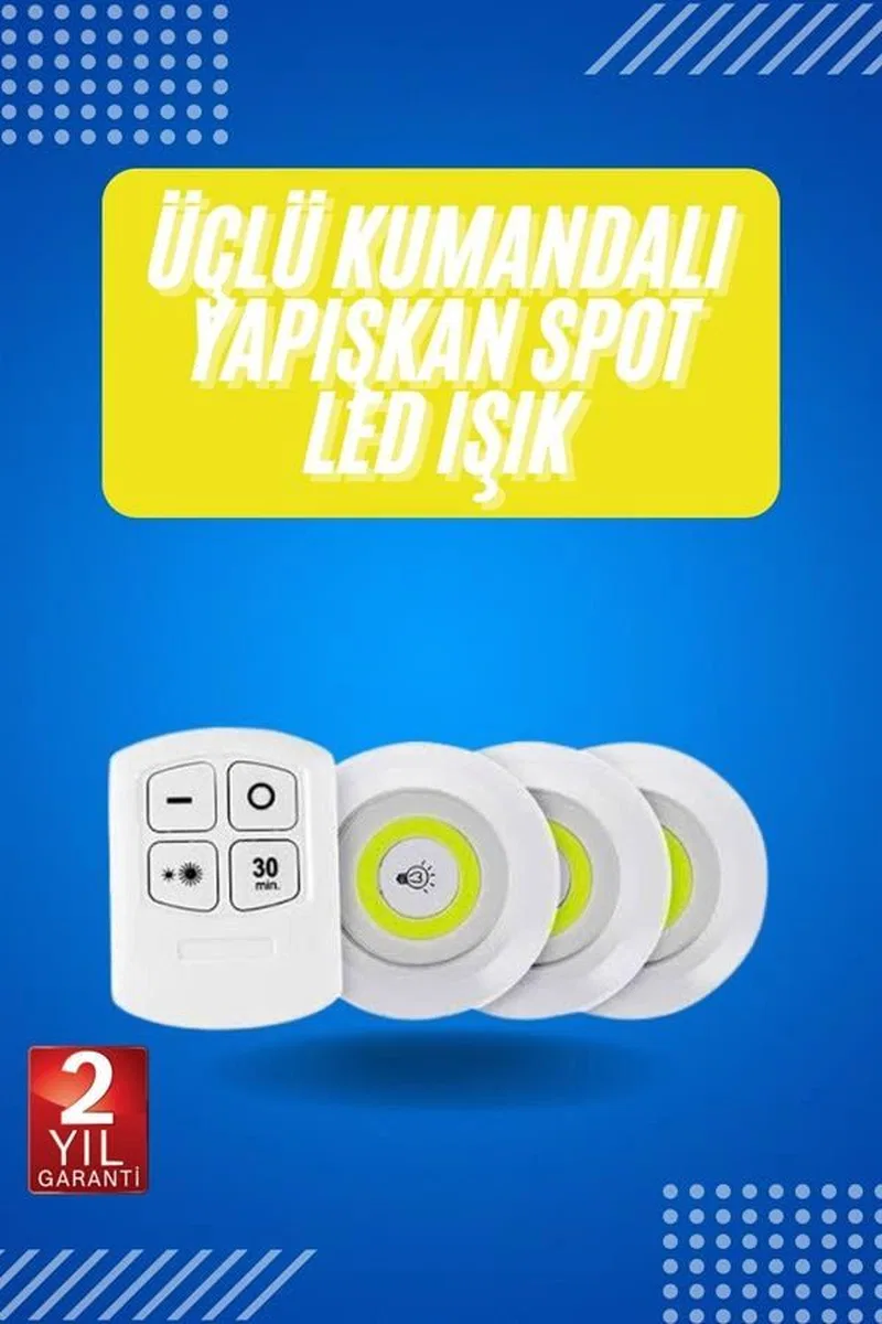 Yapışkanlı 3'lü Spot Led Işık Lamba Montajsız Pilli Uzaktan Kumandalı görsel 2