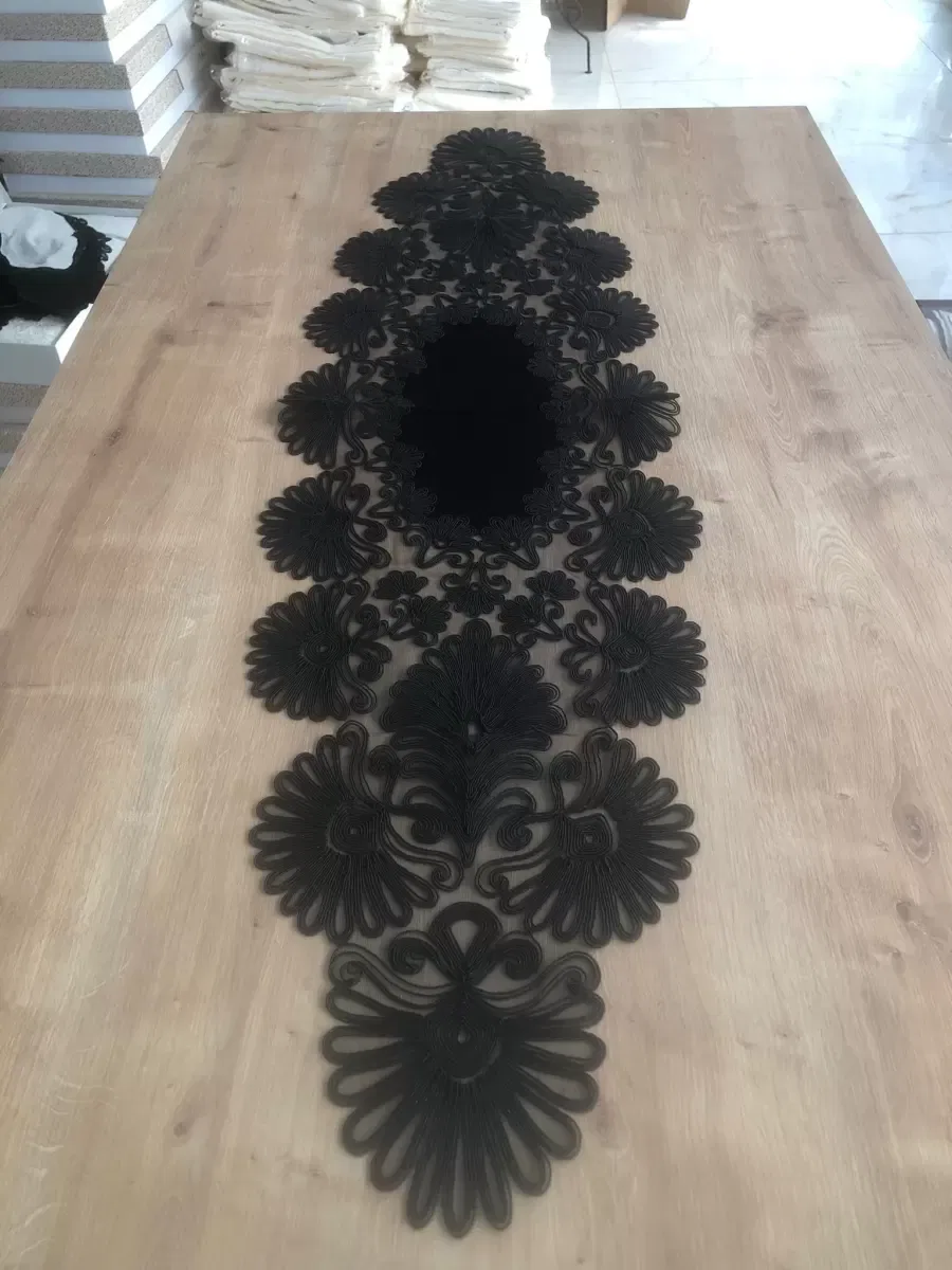 Salon Takımı Çeyizlik Siyah Runner Set 7 Parça Kadife Ranır Masa Konsol Sehpa Örtüsü Palmiye görsel 5