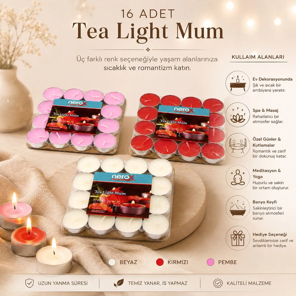 Renkli Yuvarlak Tea Light Mum 16'lı görsel 3