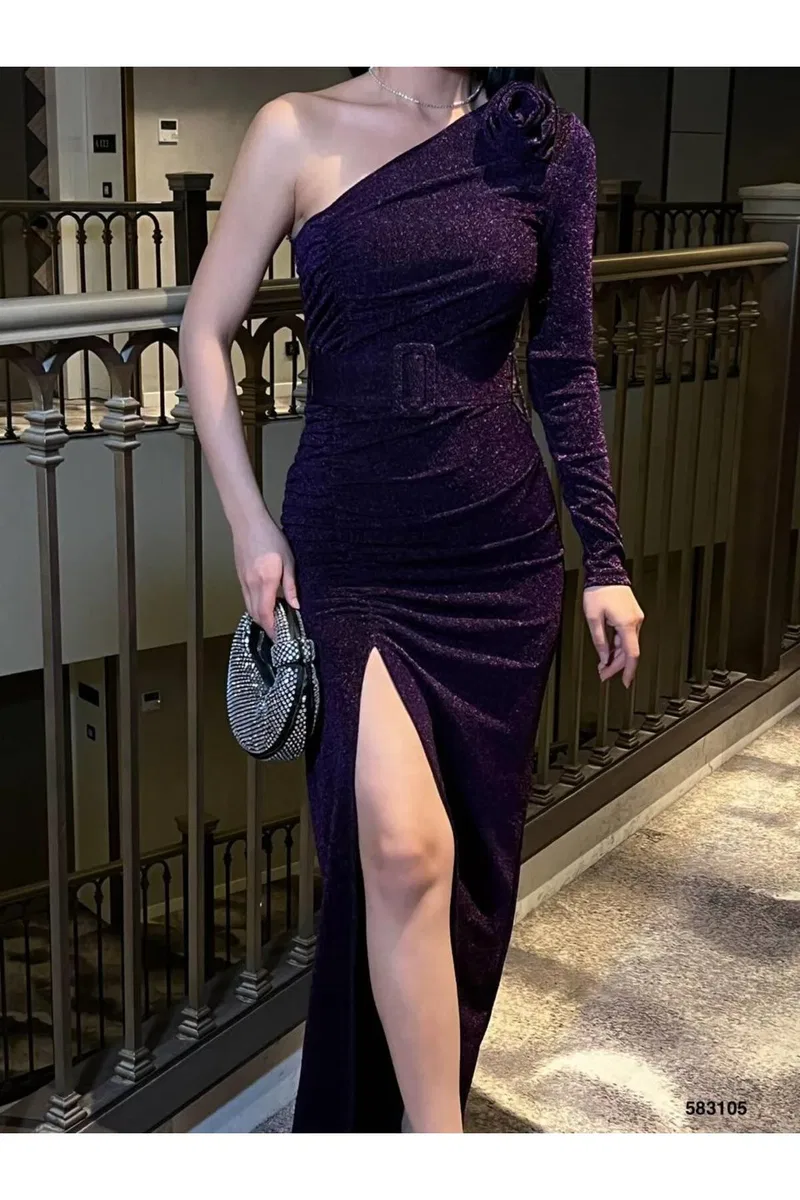Kadın Trend Model Mezuniyet Elbisesi Tek Omuz Tek Kol Balık Kesim Abiye Elbise görsel 4