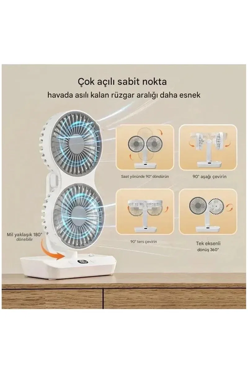 Masaüstü Dijital Ekranlı Çift Fanlı Led Işıklı Soğutucu Fan Ev Ofis Şarjlı Vantilatör görsel 7