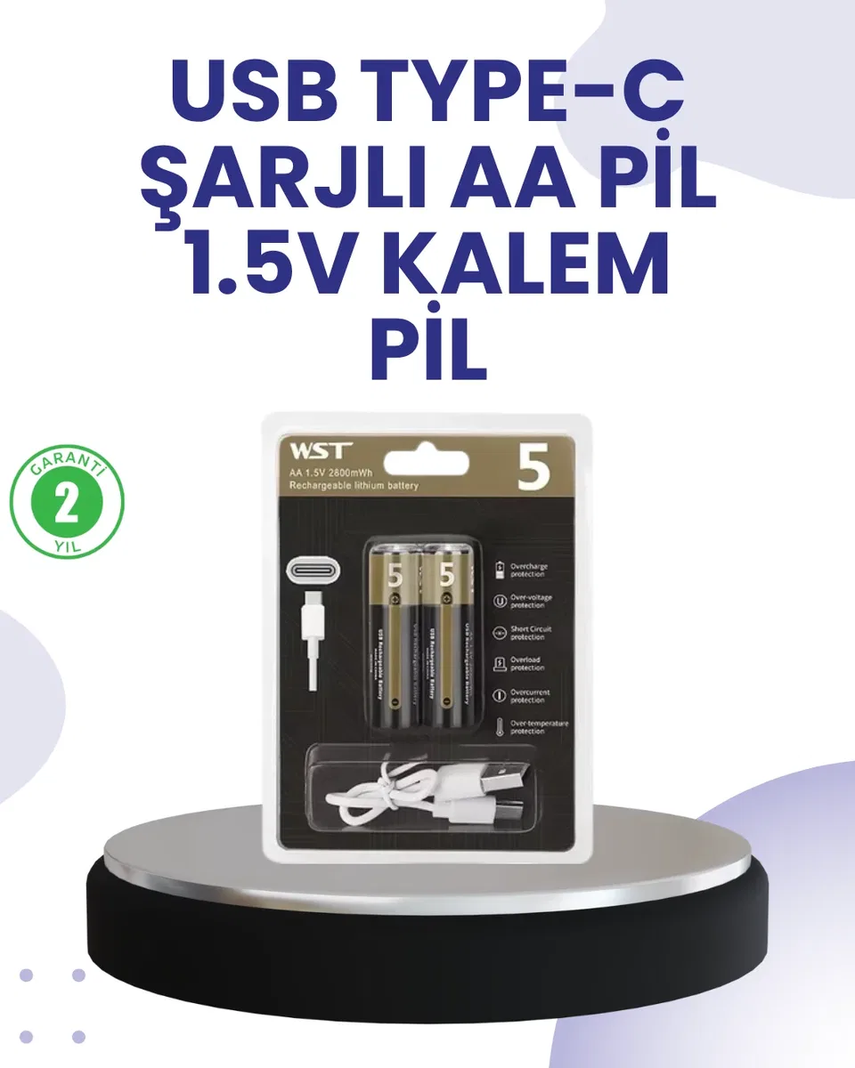 Type-C USB ile Hızlı Şarj Edilebilir AA Kalem Pil | 1. 5V Lityum | Çiftli Paket