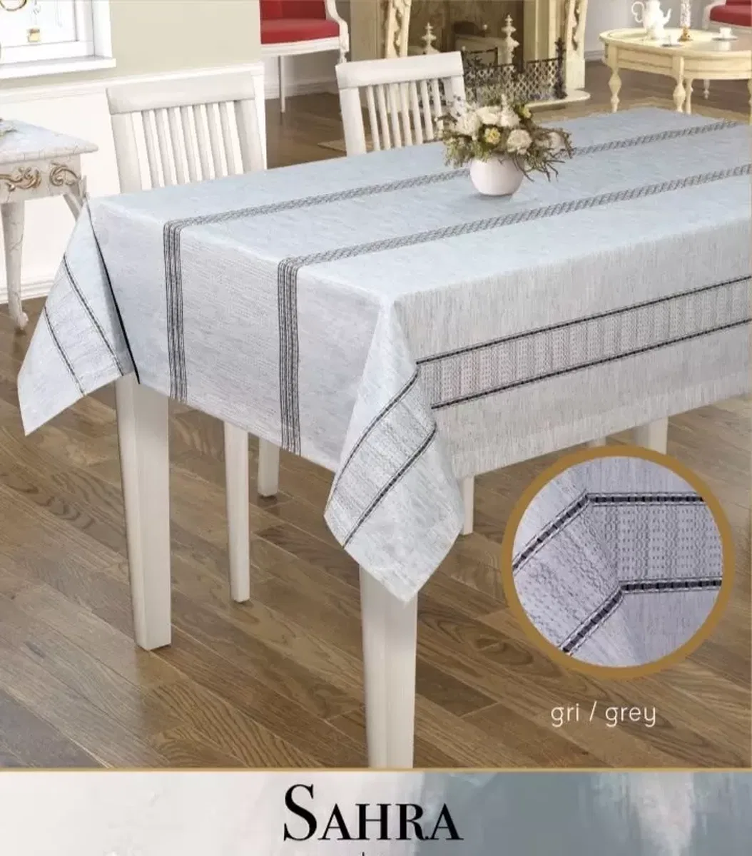 Sahra Model Gri 160x260 cm Polyester Ajurlu Keten Masa Örtüsü Dantelli Tablecloth