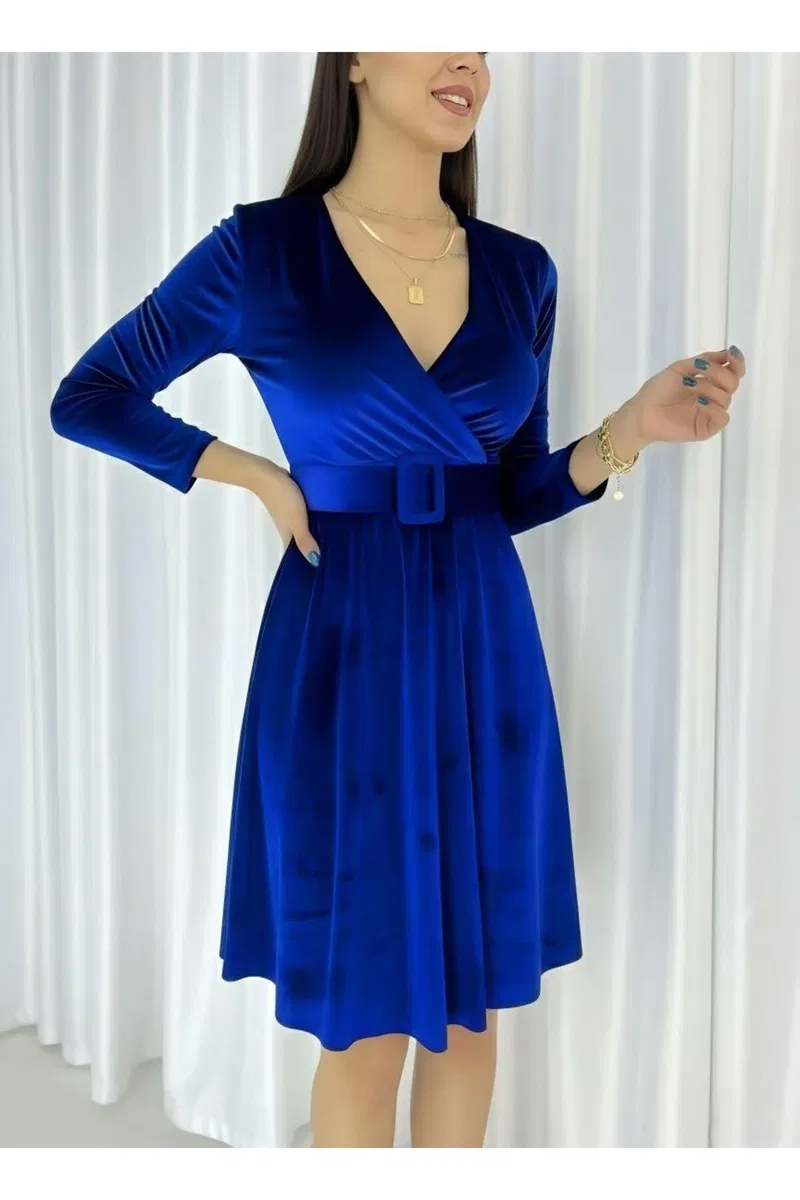 Kadın Trend Model V Yaka Uzun Kol Kadife Kumaş Slim Mini Abiye Elbise