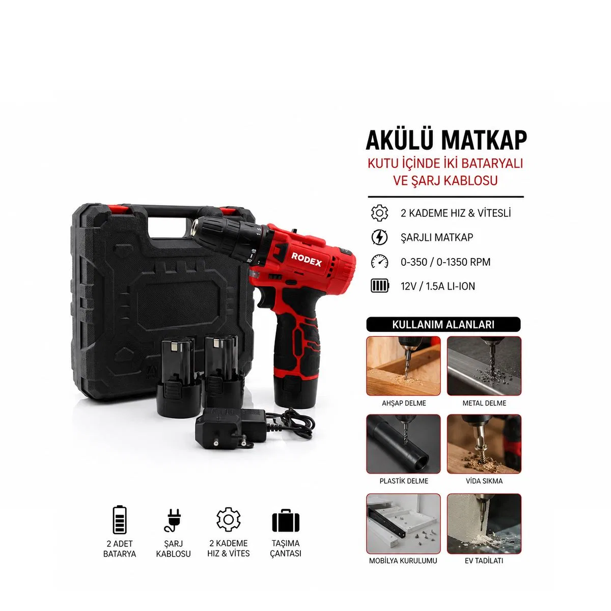 12V Çift Bataryalı Şarjlı Matkap (2 Kademe Hız) görsel 2