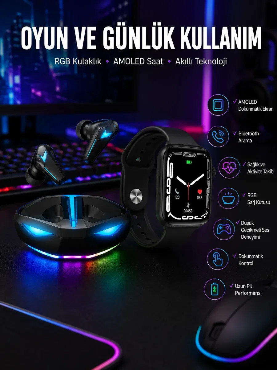 Yeni Nesil Akıllı Saat ve Kablosuz Kulaklık Kampanyası İkili Set Bluetooth Bağlantılı