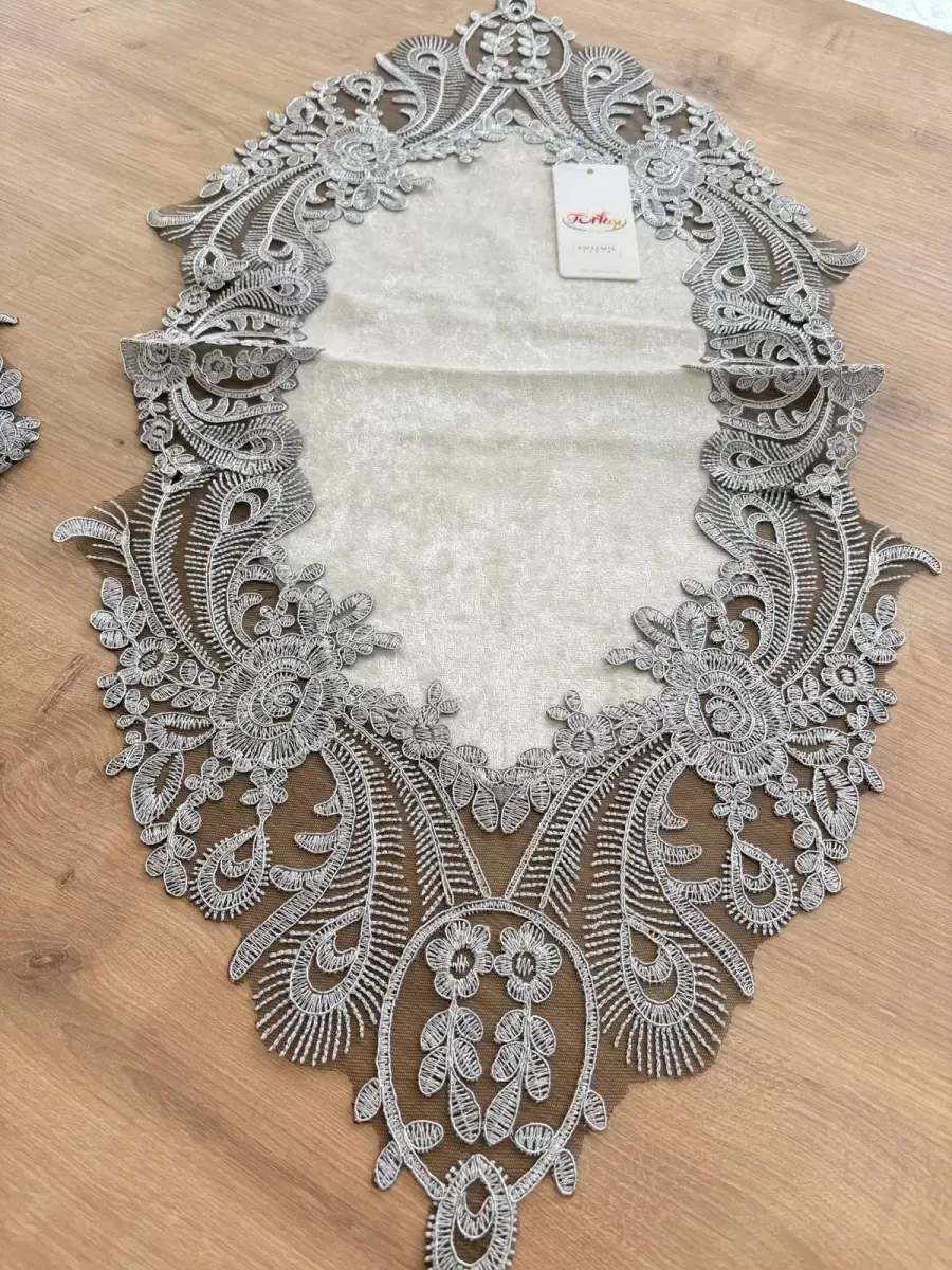 Salon Takımı Çeyizlik Kadife Kreme Gri Runner Seti 5 Parça Dantelli Ranır Masa Konsol Sehpa Örtüsü Zümre görsel 6