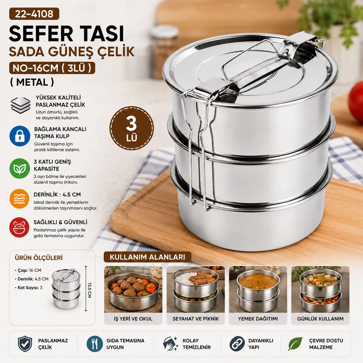 3 Katlı Çelik Sefer Tası 16 cm - Yemek Taşıma Kabı görsel 3