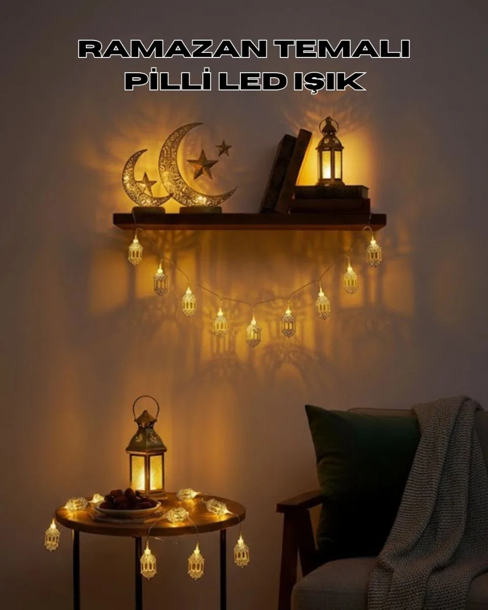 Altın Fener Detaylı Pilli Ramazan Led Işık Ev Dekorasyonu