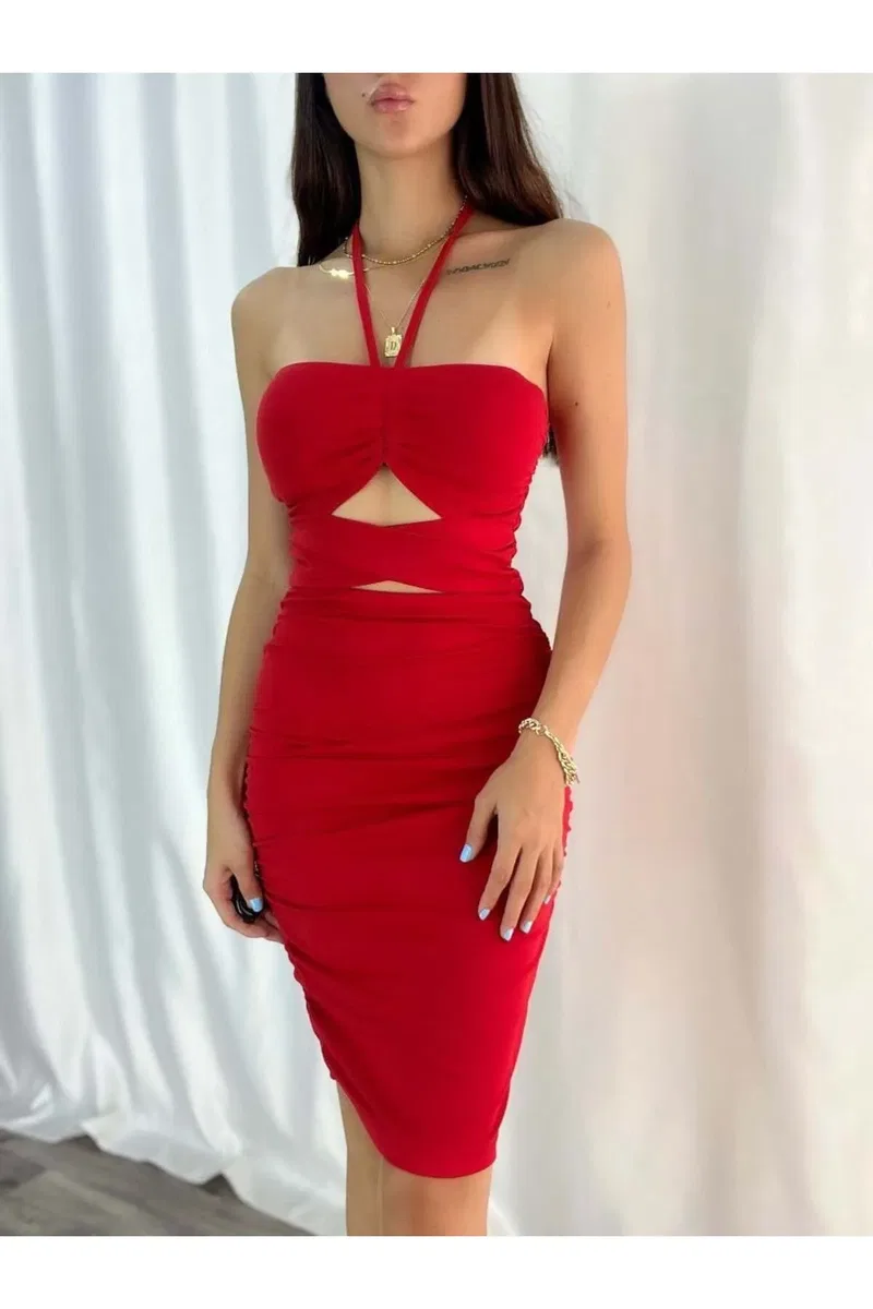 Kadın Trend Tasarım V Yaka Kolsuz Bodycon Mini Elbise görsel 5