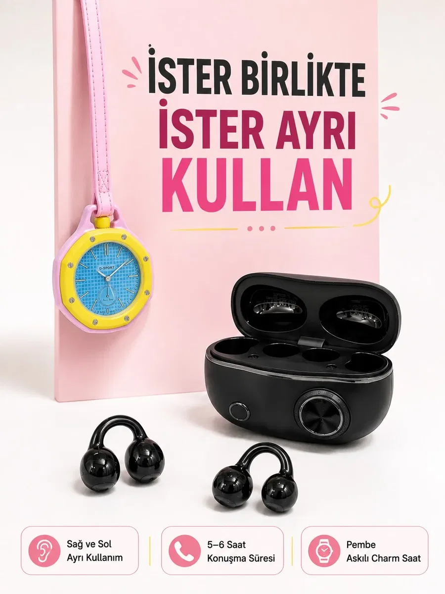 Kablosuz Kulaklık ve Pembe Askılı Çanta Charm og Saat Kampanya Seti