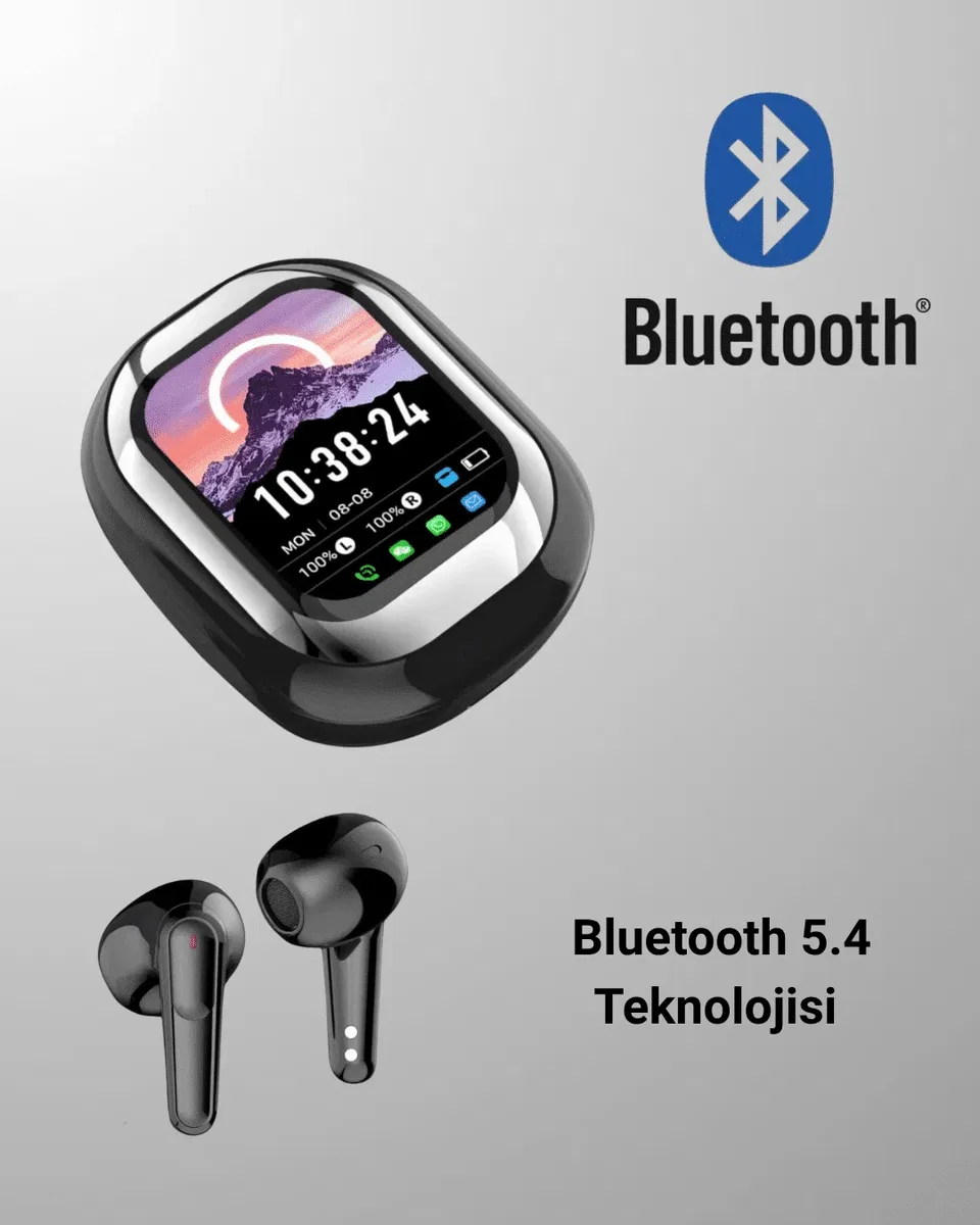 Akıllı Ekranlı Bluetooth 5. 4 Kablosuz Kulaklık – Dokunmatik ve Şarj Kutulu görsel 4