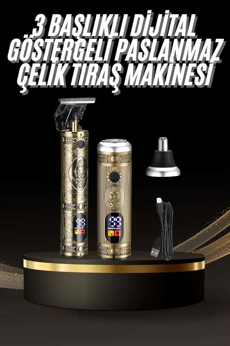 Tıraş Makinesi Pro 3 Başlıklı Dijital Göstergeli Saç Sakal Kulak ve Burun görsel 2