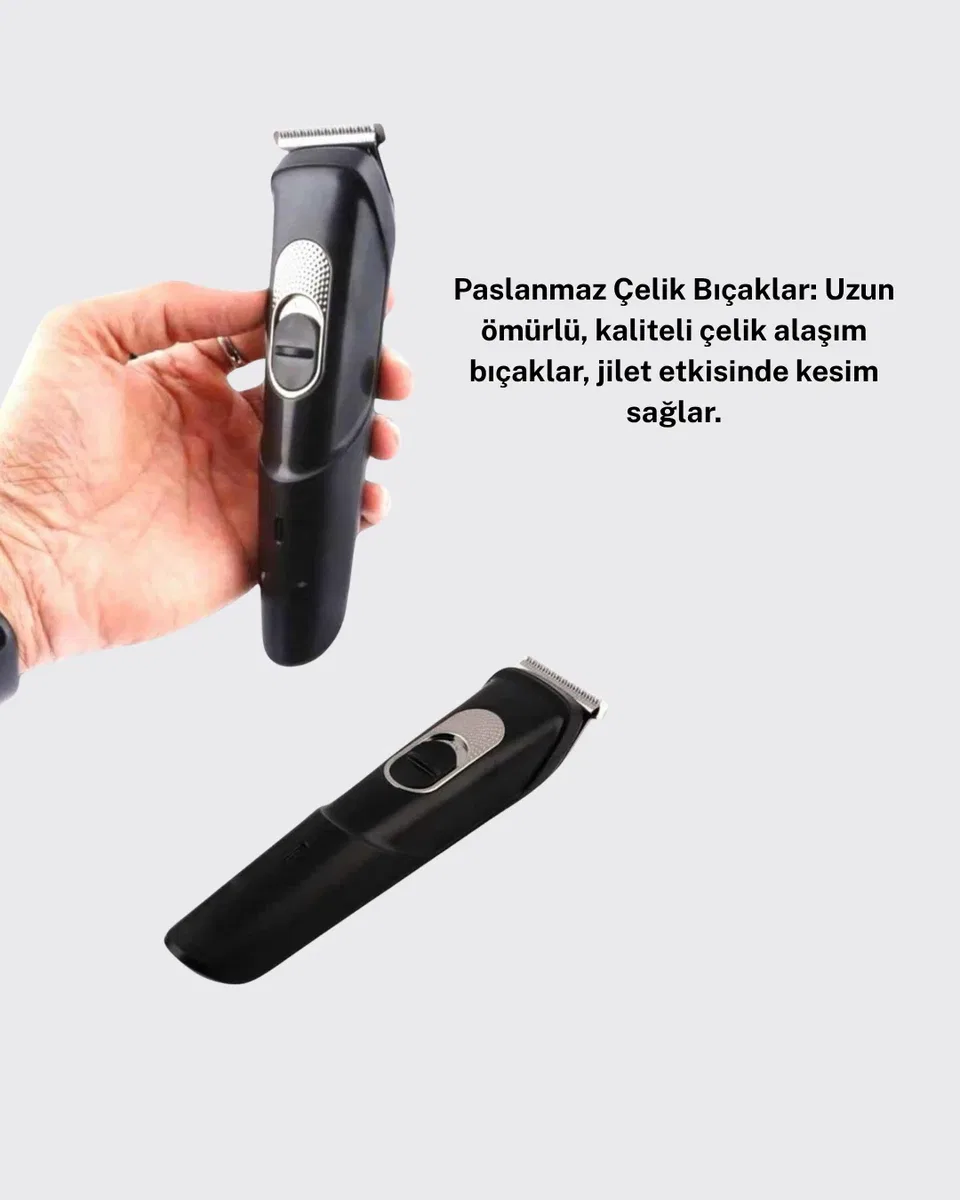 Kablosuz, Paslanmaz Çelik Bıçaklı Profesyonel Saç ve Sakal Tıraş Makinesi – Sessiz, Güçlü ve Ergonomik görsel 3