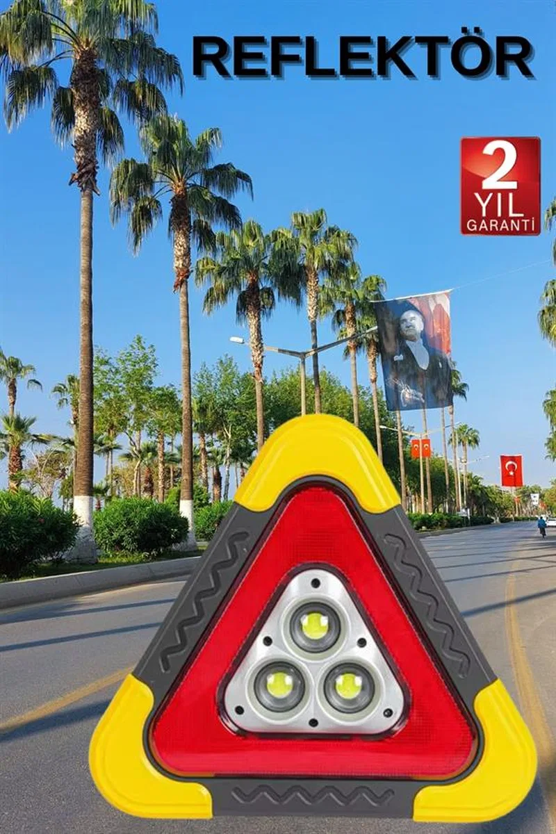 Reflektör Güneş Panelli Solarlı Şarjlı Üçgen Işıklı Trafik Reflektör Fener görsel 2