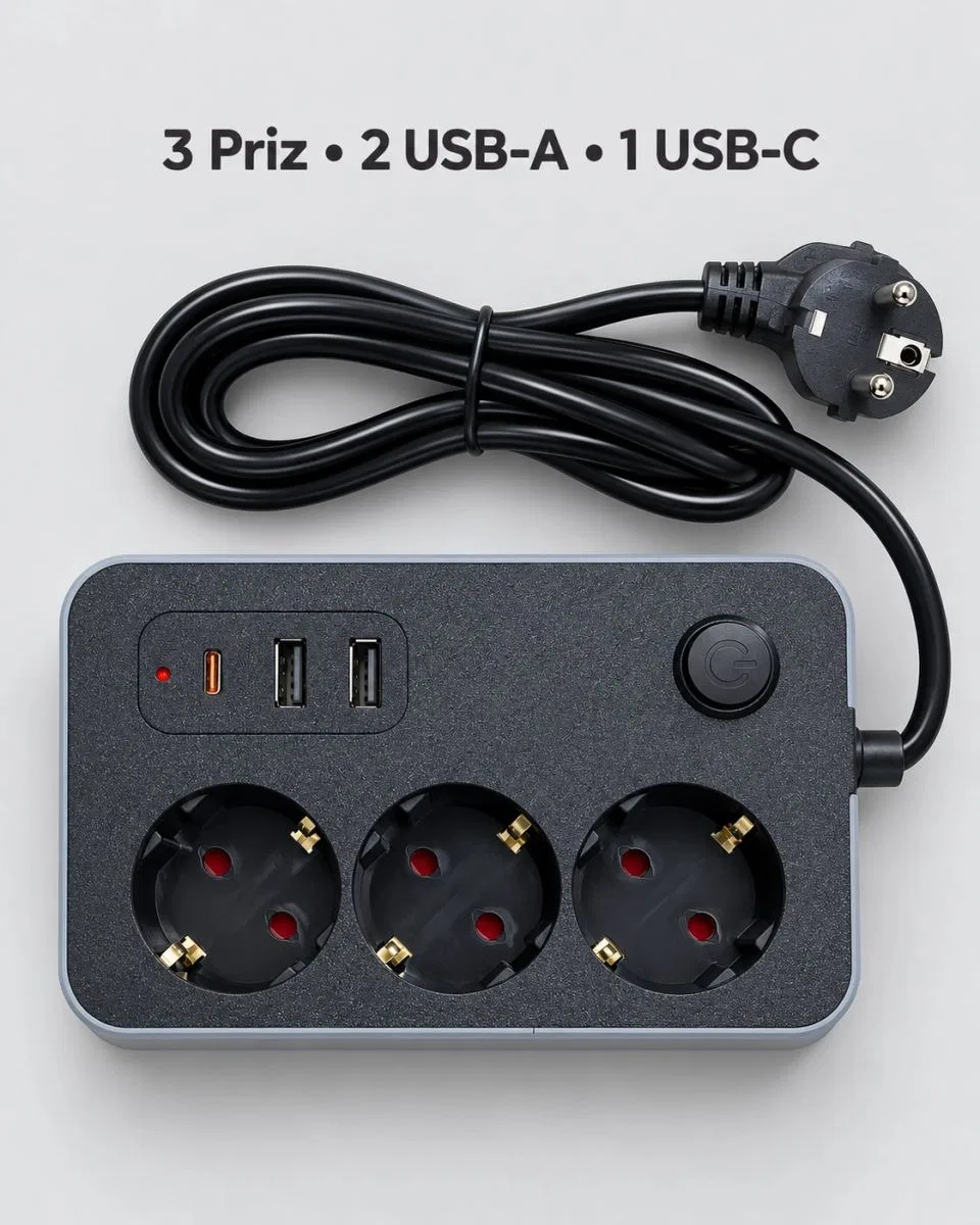 Bilgisayar Ve Mobil Cihazlar İçin Usb Ve Type C Çıkışlı Akım Korumalı Uzatma Prizi görsel 4