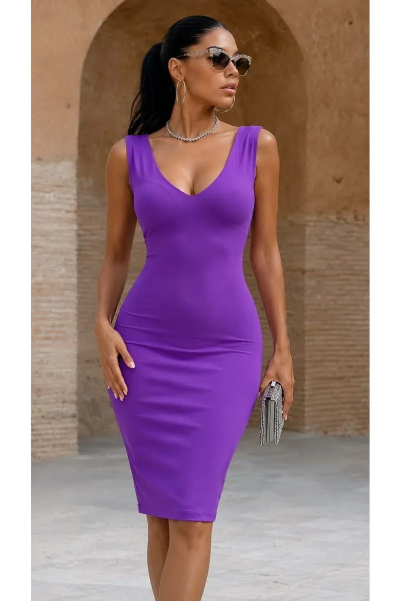 Kadın Trend Tasarım V Yaka Kolsuz Bodycon Mini Elbise görsel 2
