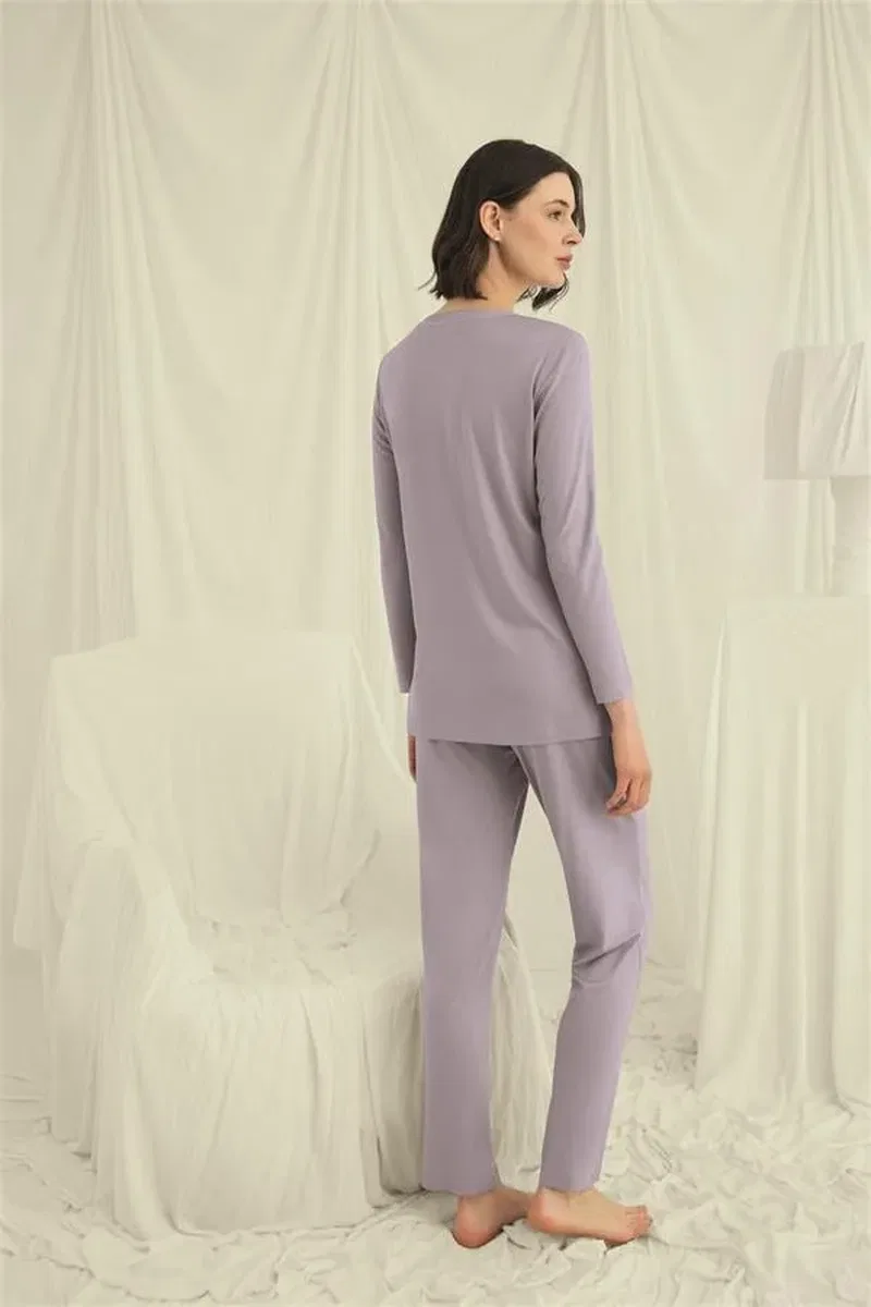 Uzun Kollu Boydan Düğmeli V Yaka Pijama Takımı görsel 6