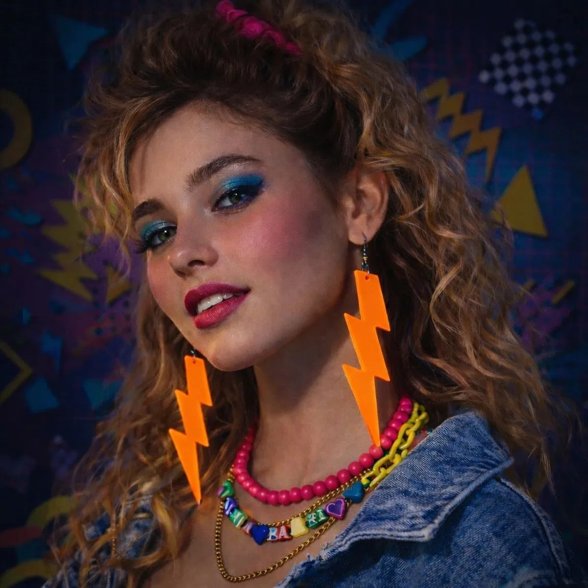 80’ler 9039lar Retro Neon Turuncu Şimşek Küpe 10 Cm görsel 2