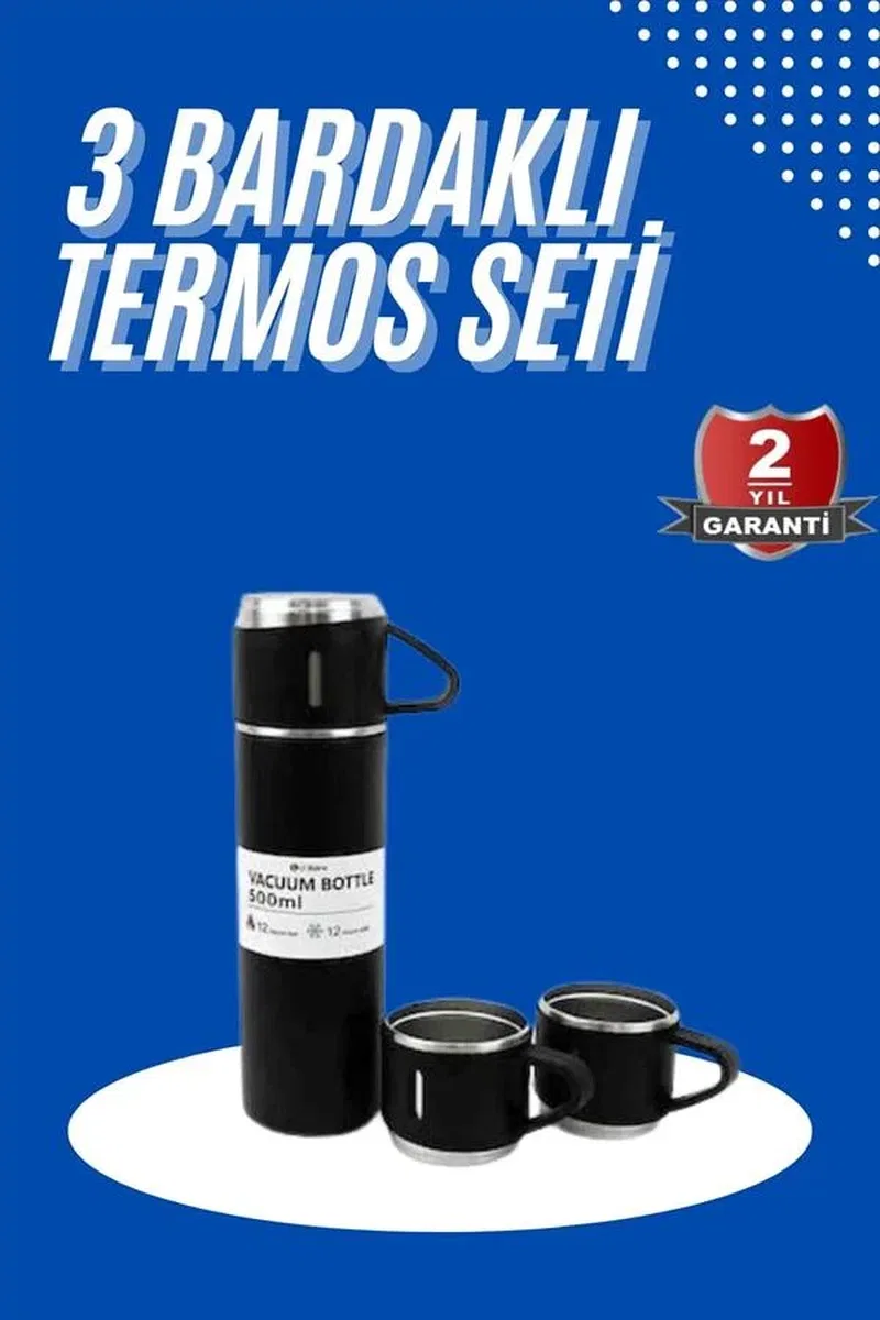 Termos Seti 3'lü Bardak Seti Isı Dayanıklı Siyah Paslanmaz Çelik Vakumlu görsel 2