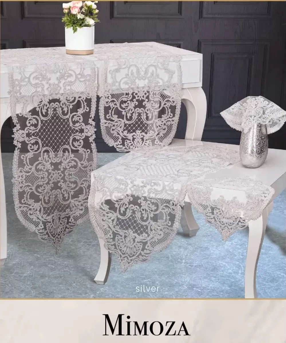 Salon Takımı 5 Parça Dantel İşlemeli Masa Örtüsü Runner Seti Çeyizlik Mimoza Model No 998 Krem görsel 4