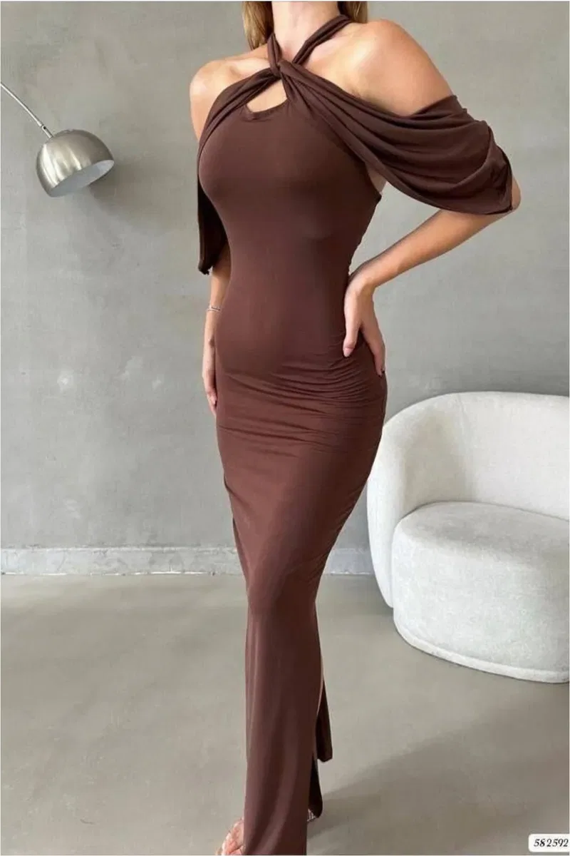Simli Elbise Askılı Dekolteli Kumaş görsel 4