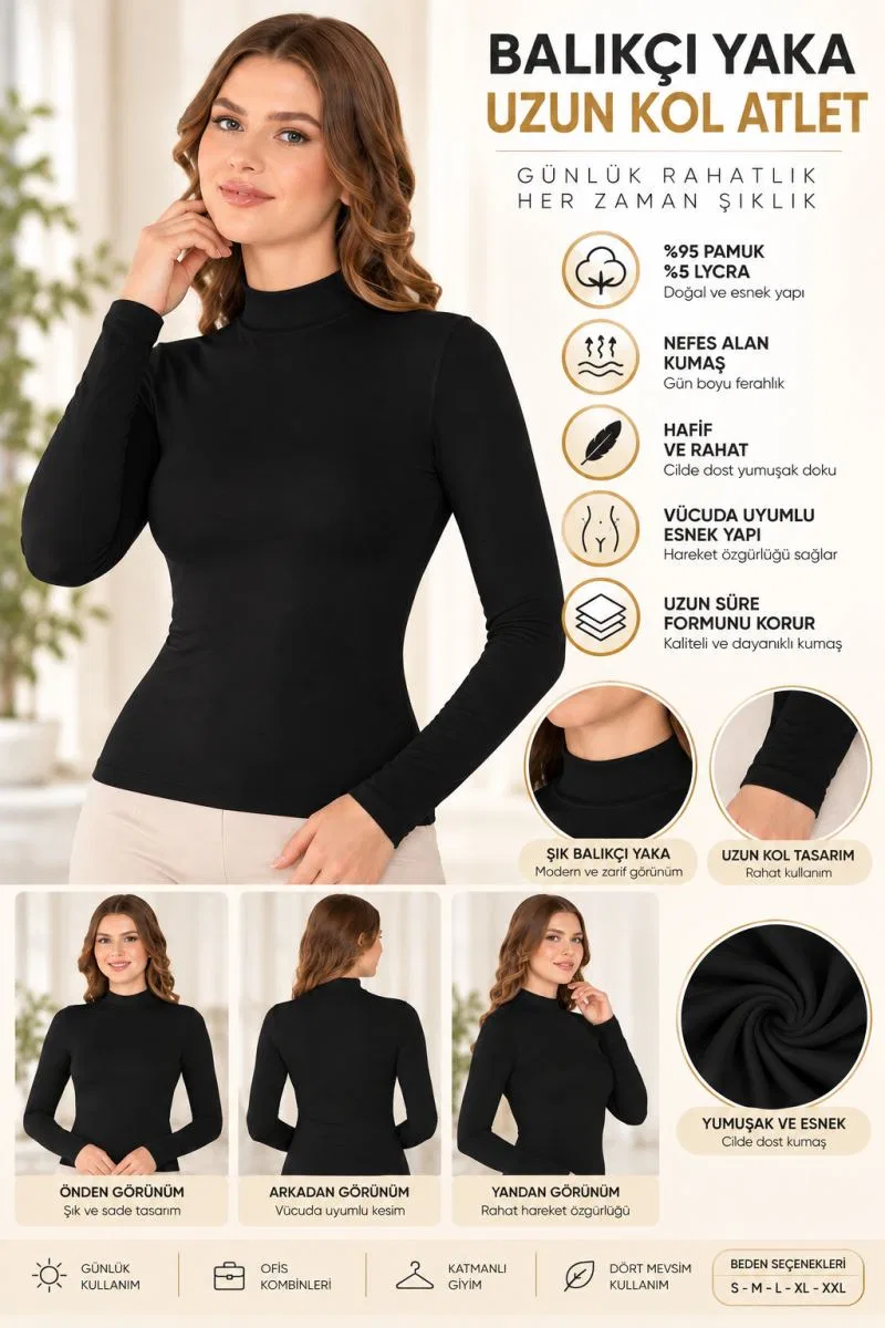 Kadın Balıkçı Yaka Uzun Kol Atlet Siyah Esnek Kumaş, Vücuda Oturan Basic Body - ryl - 2612 görsel 2