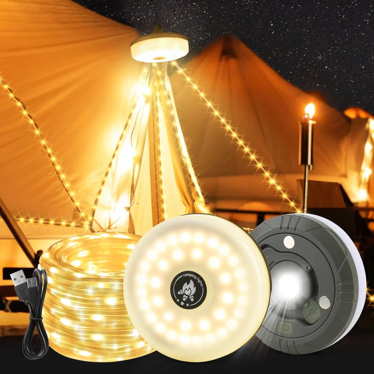 Şarjlı 10 Metre Ledli Şarj Göstergeli 8 Işık Modlu Hareketli Ve Flaşör Modlu Kamp Lambası Led Işık görsel 3