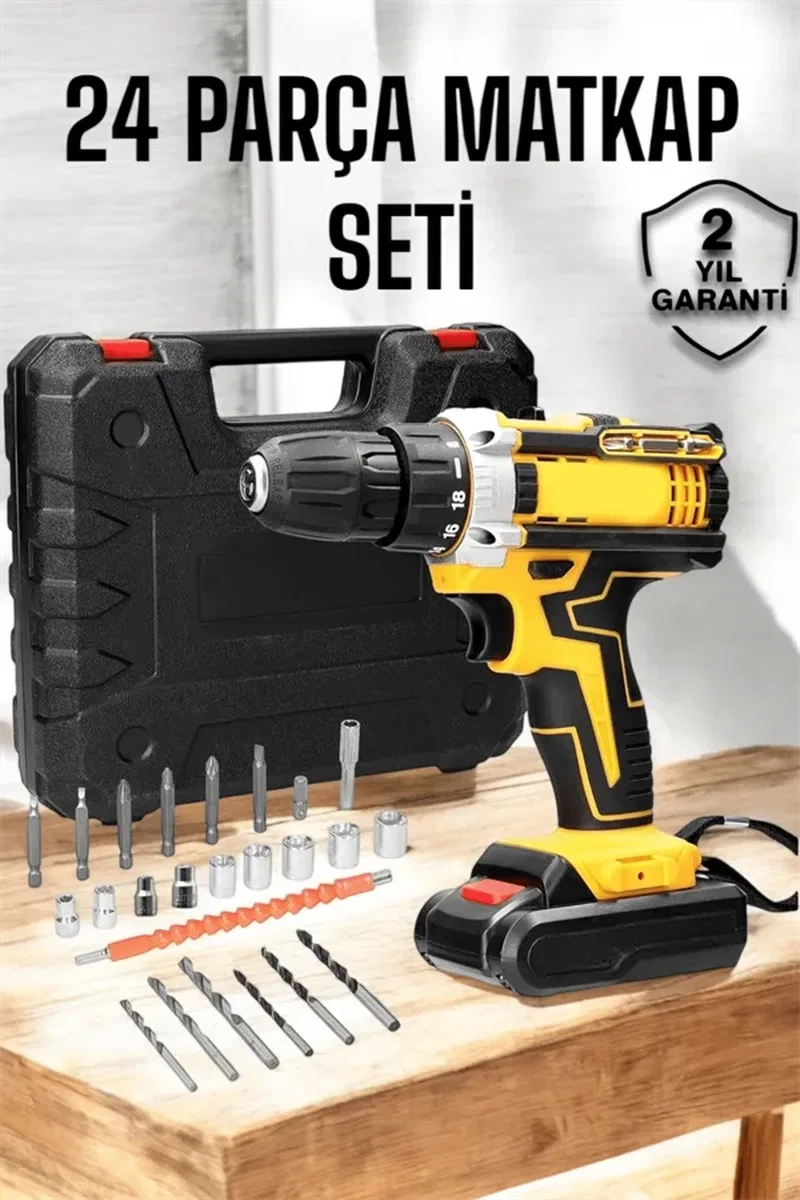 Çift Bataryalı Metal Dişli Darbeli Şarjlı Matkap Seti 24W Güç ve 24 Parça Aksesuar görsel 2