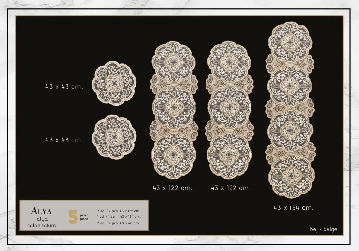 Alya Gold 5 Parça Dantelli Salon Takımı Runner Masa Örtüsü Modern Tasarım görsel 4
