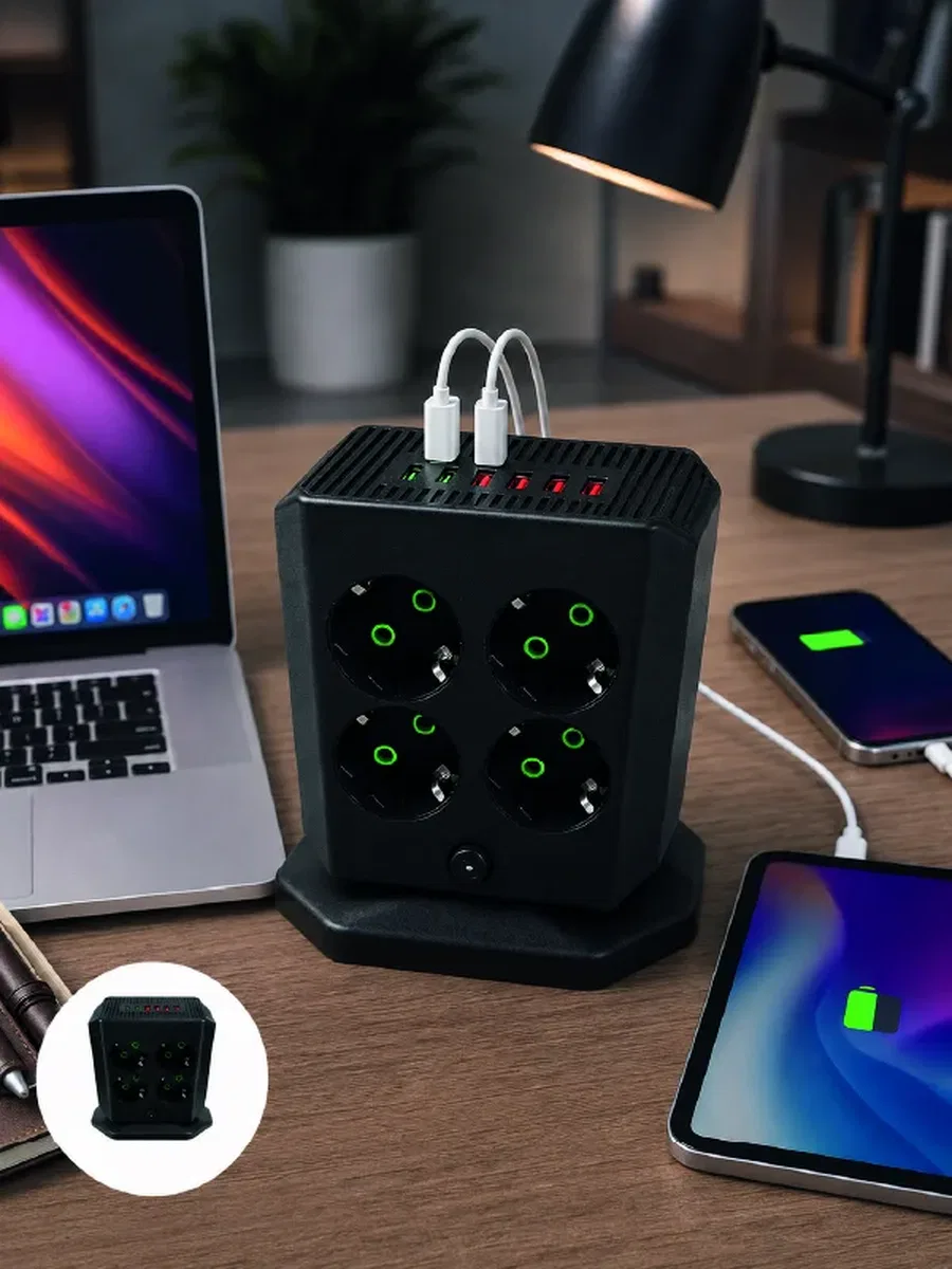 Dikey Priz Kulesi 8 AC Priz 4 USB 2 Type-C Çocuk Korumalı Güç Dağıtıcı görsel 2
