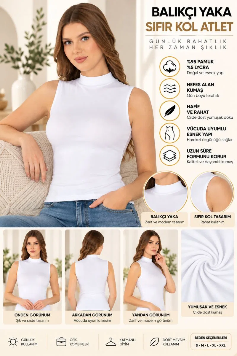Kadın Balıkçı Yaka Sıfır Kol Atlet Beyaz, Esnek Kumaş, Vücuda Oturan Basic Kolsuz Body - ryl - 2614 görsel 3