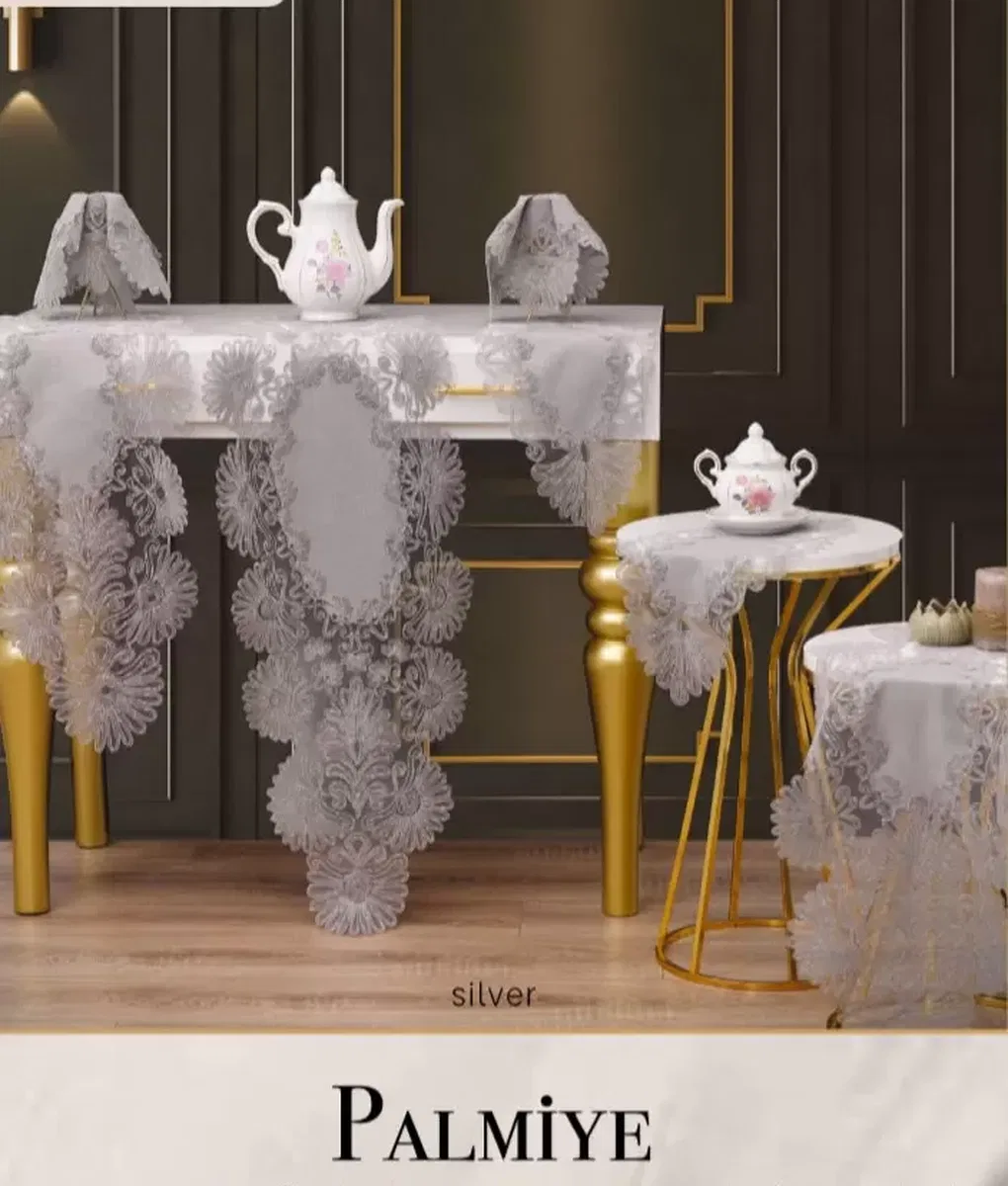 Keten Palmiye Model Gri 7 Parça Masa Örtüsü Runner Seti Modern Salon Takımı görsel 3