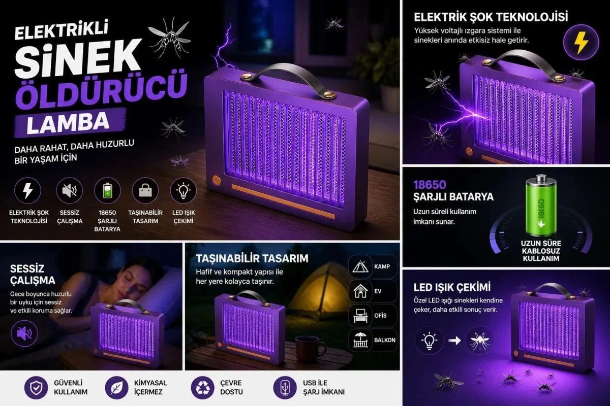 Elektrikli Sinek Öldürücü Lamba | Şarjlı, Sessiz, Led Işıklı Etkili Koruma görsel 3