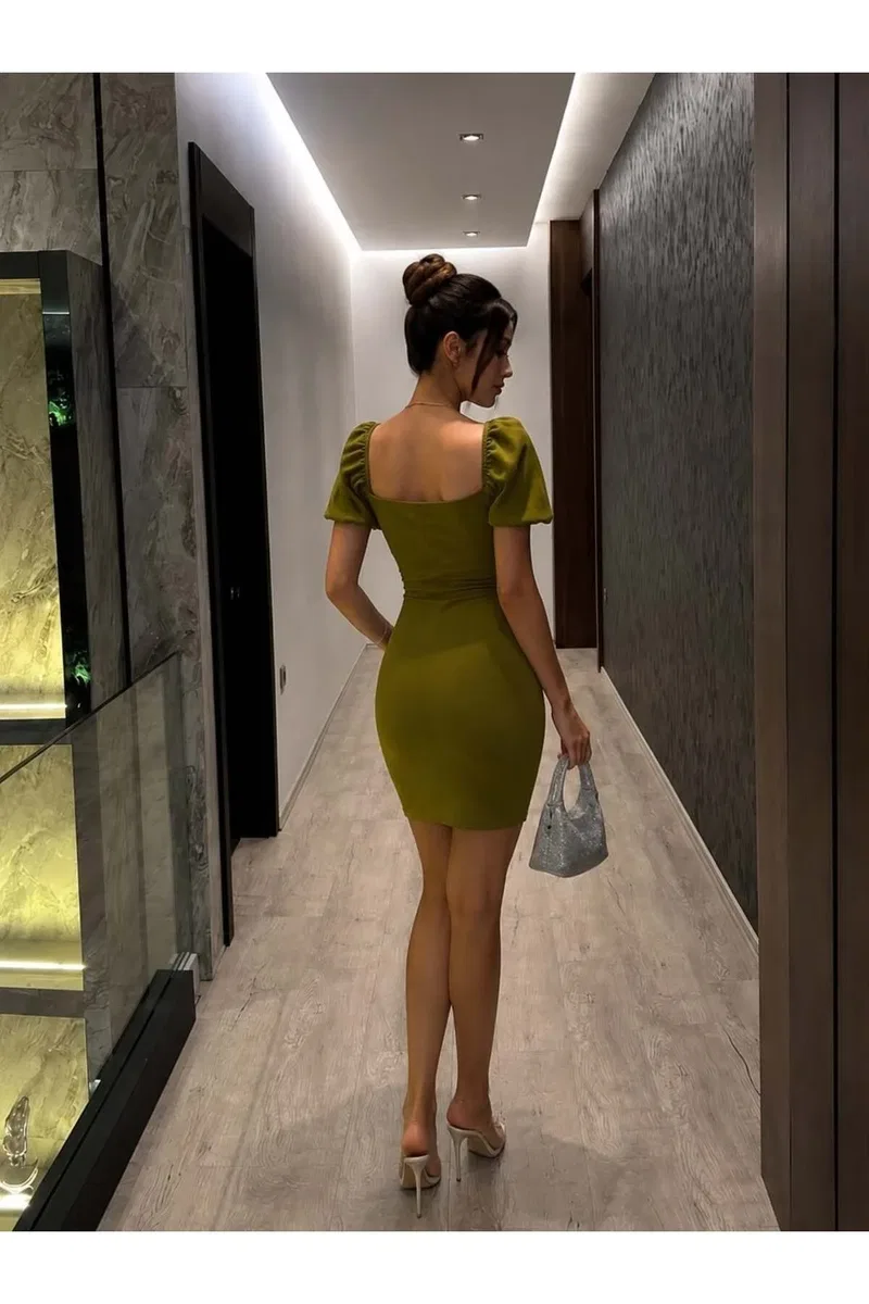 Kadın Tasarım Kısa Kol Krep Kumaş Bodycon Abiye Elbise görsel 3
