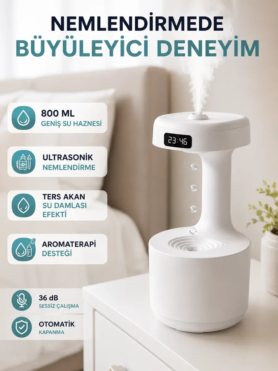 Ultrasonik Hava Nemlendirici 800 ml Aromaterapi Difüzör Ters Su Damlası Efektli görsel 3