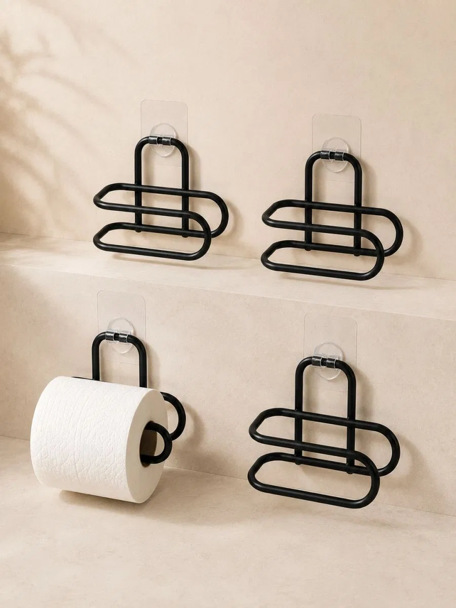 Duvara Yapışkanlı Wc Kağıtlık Siyah Metal 4 Adet Tuvalet Kağıdı Rulo Askısı görsel 4
