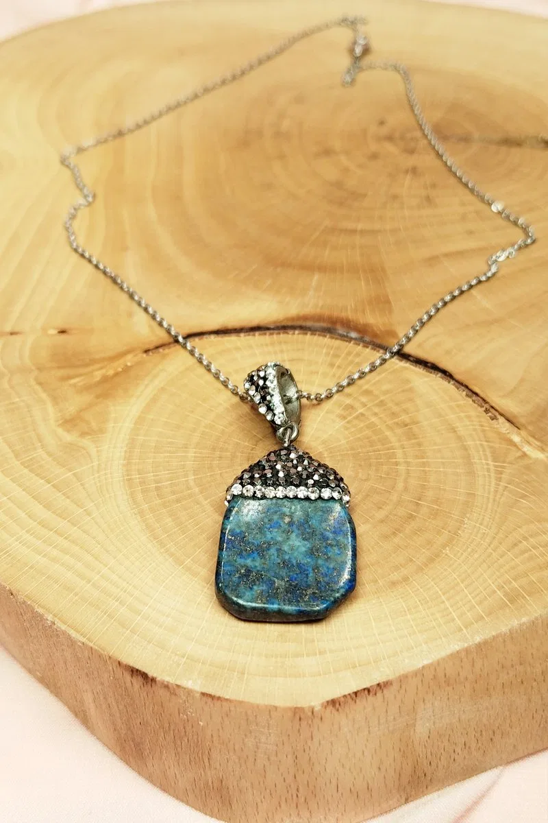 Lapis Doğal Taşı Zincirli El Yapımı Kolye Uç: 3 cm Zincir: 20 cm Kutulu görsel 7