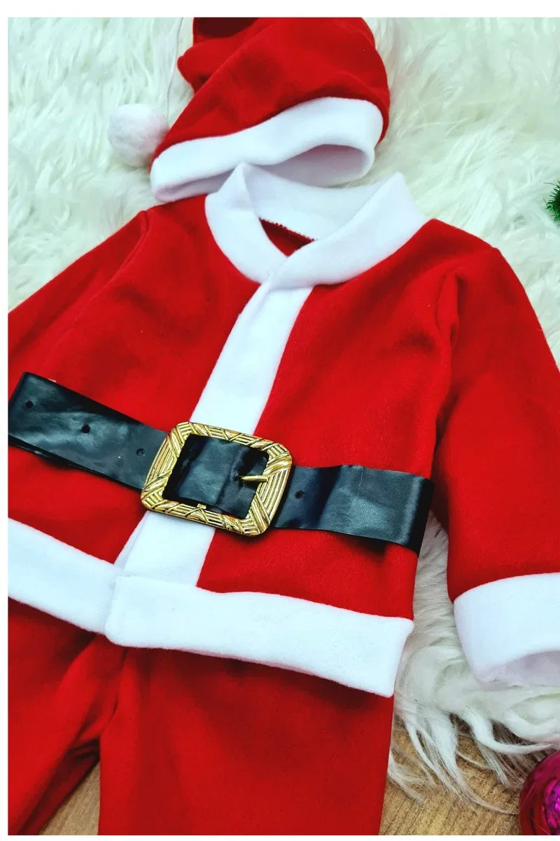 Erkek Çocuk Noel Baba Yılbaşı Kostümü Şapkalı Kemerli Bebek Kostümü görsel 3