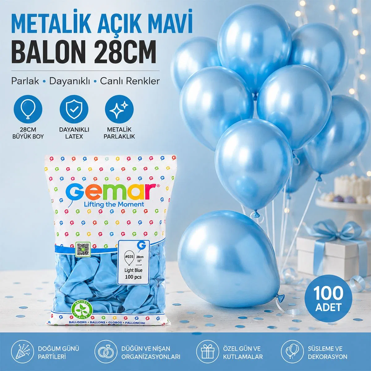 11'' (28 cm) Metalik Açık Mavi Lateks Balon - 100'lü görsel 3