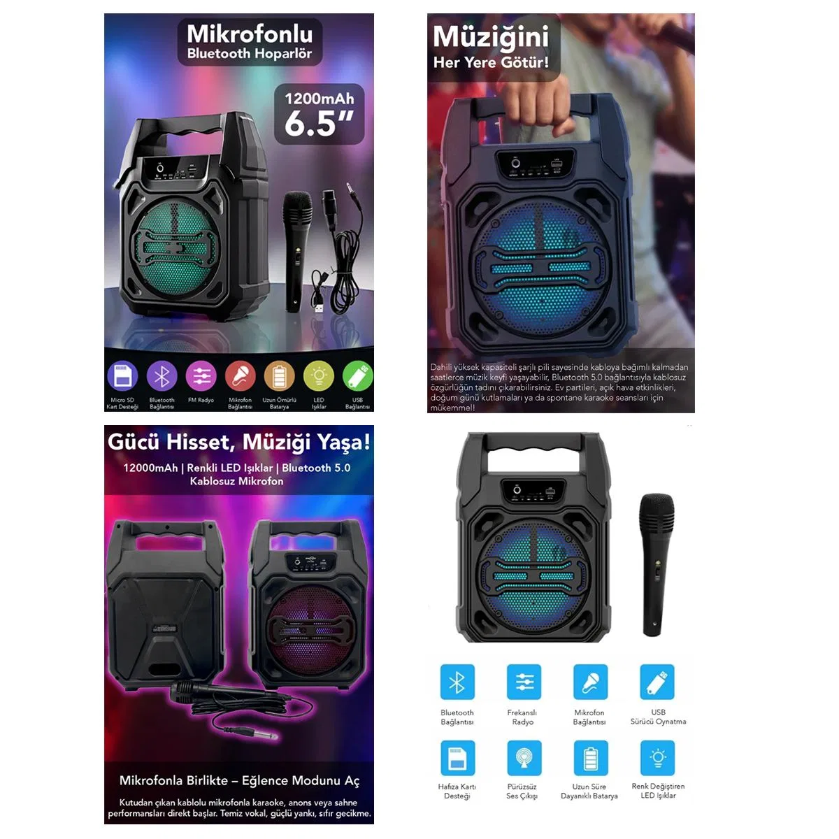 Bluetooth Mikrofonlu Kablosuz Hoparlör 6. 5'' USB Şarjlı görsel 2
