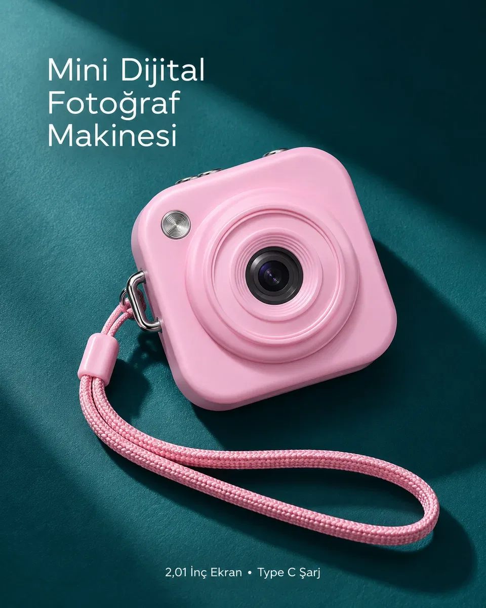 1. Cep Boy Pembe Dijital Fotoğraf Makinesi 2, 01 İnç Ekran ve Type C Şarj