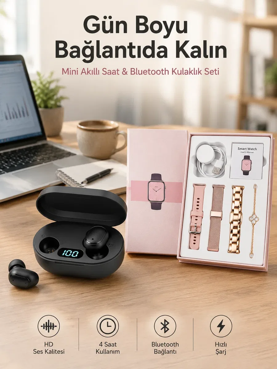 Nabız Ölçer Hediye Bileklikli Akıllı Saat ve Dijital Göstergeli Bluetooth Kulaklık Çoklu Şarj Girişi