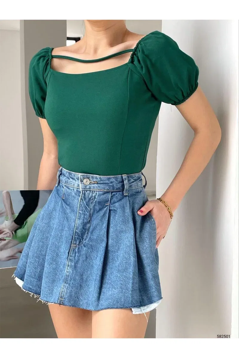 Kadın Şık Detay Kare Yaka İnce Askılı Crop Bluz görsel 6