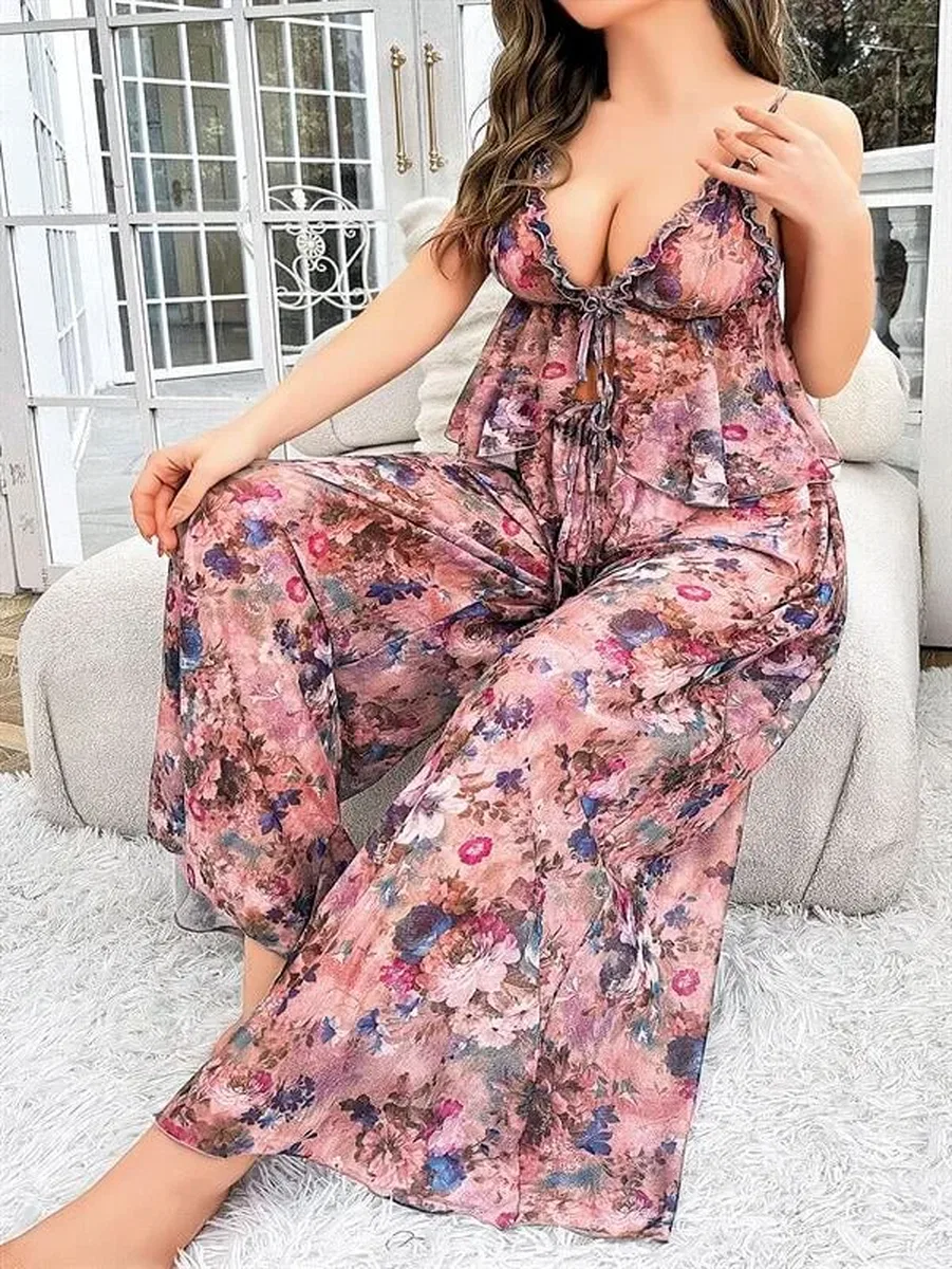 Özel Tasarım Büyük Beden Çiçek Desenli Bol Kesim 2'li Pijama Takımı