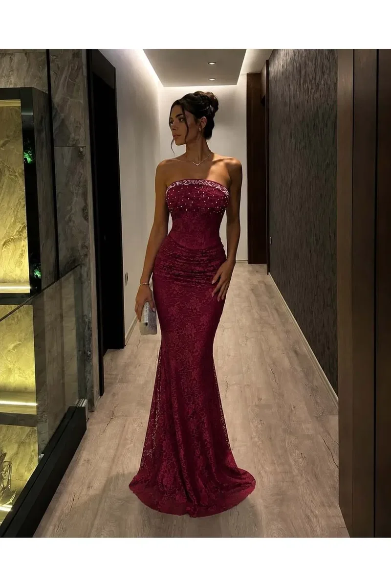 Kadın Vintage Straplez Kolsuz Nakışlı İşlemeli Bodycon Elbise