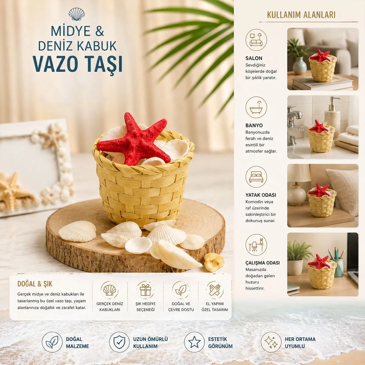 Midye ve Deniz Kabuk Vazo Taşı (Ahşap Sepetli, Küçük) görsel 2