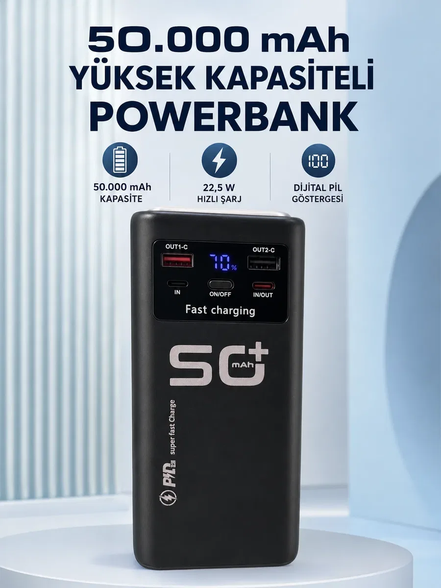 50. 000 mAh Taşınabilir Powerbank 22, 5 W Hızlı Şarj 4 Dahili Şarj Kablosu Dijital Ekran LED Aydınlatma ve Taşıma Sapı